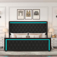 Ivy Bronx King Size Velvet Platform Bed With High headboard and Adjustable Colorful LED Light