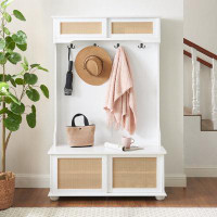 Alcott Hill Casual Style Hall Tree Entryway Bench with Rattan Door Shelves and Shoe Cabinets
