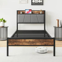17 Stories 17 Stories Twin Size Upholstered Bed Frame With Storage Headboard & Charging Station, Noise Free, Brown