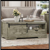 Millwood Pines Wood Barn Door Modern Coffee Table  Sofa Small Side End Tables Living Room With Drawer Storage