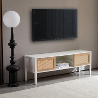 Bay Isle Home™ Modern Rattan TV Cabinet: Adjustable Colour Light Strip, Dual Sliding Doors, Versatile Storage