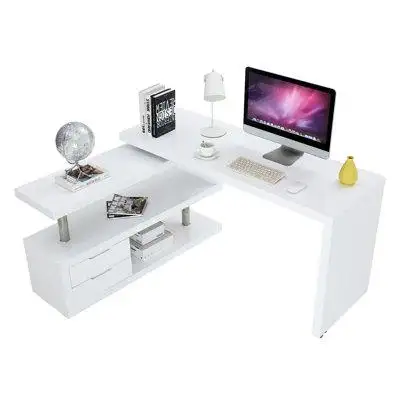 Ivy Bronx Minimalist White Corner Bookshelf & Desk Combo For Home Office Or Student Use - Szt-14750