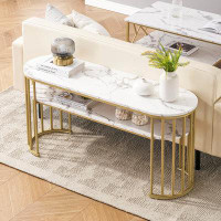 Mercer41 White Sofa Table, Modern Faux Marble Top Console Table With Gold Metal Frame, Narrow Entryway Table With Storag