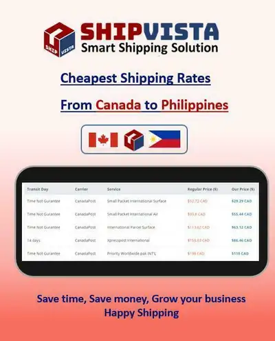 ShipVista provides the cheapest shipping rates from Canada to Philippines. Whether you are an indivi...