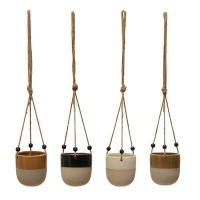 George Oliver Alysbury Round Hanging Stoneware Planter with Jute Rope and Wood Beads