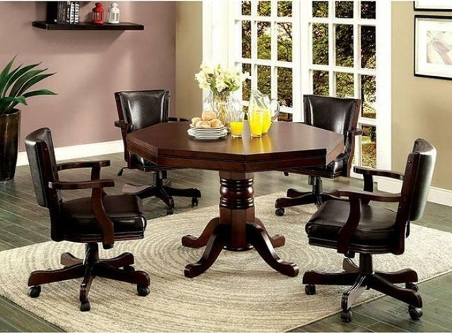 Furniture of America 48 inch Rowan 5 Piece Inter-Changeable Poker/Game/Dining Table + 4 Chairs in Cherry - Pedestal Base in Toys & Games - Image 2