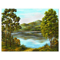 Made in Canada - Design Art Mountain Lake with Water Landscape Oil Painting Print on Wrapped Canvas in Blue/Green