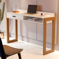 Ebern Designs Boahaus Modern Computer Desk, 1 Drawer, 1 Shelf, USB Port Outlet, White/Brown