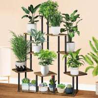 Arlmont & Co. 9 Tier Wood Tall Plant Stand Metal Rack Indoor, Multiple Flower Pot Holder Shelves Corner Rack