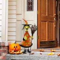 The Holiday Aisle® 31-In. Iron Polka-Dot Witch Holding A Broom With Optional Lawn Stake, Indoor Or Outdoor Halloween Dec