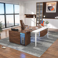 Ivy Bronx Ivy Bronx 55inch Computer Desk With Cabinet, Large L Desk With Led And Charging Station, Home Office Desk With