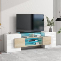 Ivy Bronx Unique Shape TV Stand With 2 Illuminated Glass Shelves, High Gloss Entertainment Center For Tvs Up To 80", Ver