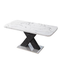 Brayden Studio Modern Square Dining Table, Stretchable, White Marble Table Top+MDF Black X-Shape Table Leg With Metal Ba