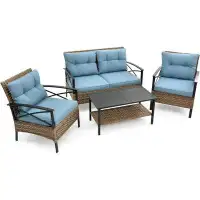 Breakwater Bay Outdoor 4 Piece Wicker Conversation Sets with Blue Cushions and Coffee Table