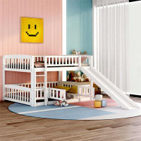 Harriet Bee Bunk Bed With Slide,Full Over Full Low Bunk Bed With Fence And Ladder For Toddler Kids Teens White