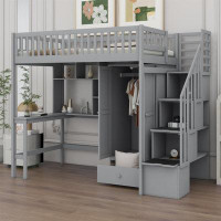 Harriet Bee Twin Size Loft Bed With Bookshelf,Drawers,Desk,And Wardrobe