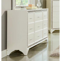Rosdorf Park Pearl White Metallic Finish Dresser 1Pc 9 Drawers Silver Glitter Trim Modern Bedroom Furniture