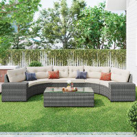 Red Barrel Studio 8-Pieces Outdoor Wicker Round Sofa Set, Half-Moon Sectional Sets All Weather, Curved Sofa Set With Rec