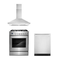 Cosmo 3 Piece Kitchen Package With 30" Freestanding Gas Range 30" Wall Mount Range Hood 24" Built-in Fully Integrated Di