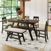 Audiohome 6-Piece Wood Counter Height Dining Table Set With Storage Shelf, Kitchen Table Set With Bench And 4 Chairs