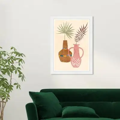Wynwood Studio "Minimalist Pots", Boho Pattern Plant Pots Modern & Contemporary Pink Framed Wall Art Print For Dining Ro