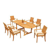 Teak Smith Grade-A Teak Dining Set: 94" Mas Oval Trestle Leg Table And 6 Algrave Stacking Arm Chairs