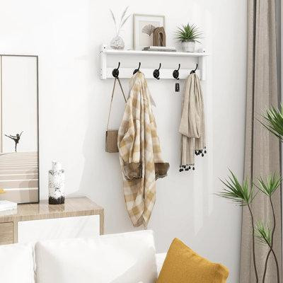 Gracie Oaks Coat Rack With Shelf Wall Mount, 24 Inch Long Wall Shelf With Hooks Underneath, Wood Hanging Coat Hanger Wit in Other
