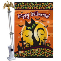 Breeze Decor Halloween Black Cat - Impressions Decorative Aluminum Pole & Bracket House Flag Set HS112050-BO-02