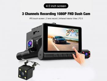 HD1080P 3 Lens (Front+Inner+rear) Car DVR 4 inch IPS touch screen night vision recorder car camera_Black color,L909 in Security Systems