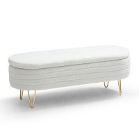 Mercer41 **"teddy Fabric Upholstered Oval Storage Bench With Gold Legs - 46.9 Inch Width, Beige Colour - Perfect For Bed