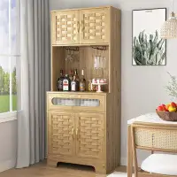 Bungalow Rose Tall Pantry Buffet Cabinet with Power Strip Freestanding Hutch Cupboard