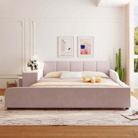 Latitude Run® Queen Size Upholstered Grounded Bed, Mother & Child Bed With Bedside Desk And Little Round Stool