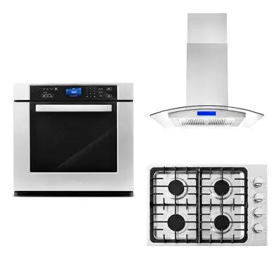 Cosmo 3 Piece Kitchen Package With 30" Gas Cooktop 30" Island Range Hood 30" Single Electric Wall Oven