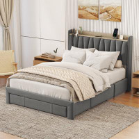 Everly Quinn Bed Frame with Storage Headboard and Charging Station, Platform Bed with 3 Drawers
