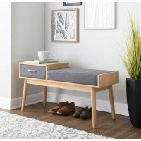 George Oliver Telephone Contemporary Bench In Natural Wood And Grey Fabric With Pull-Out Drawer By Lumisource