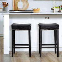 Red Barrel Studio 29 Inch Counter Height Bar Stools Set Of 2 Backless Leather Saddle Barstools With Solid Wood Legs Kitc