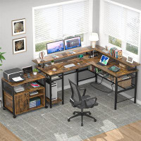 17 Stories Rustic Brown L-Shaped Desk With Smart RGB LED Lights, Built-In Power Outlets, And USB Charging