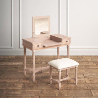 Kelly Clarkson Home June Natural Two Drawer Flip Top Vanity Set with Stool