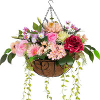 Primrue Artificial Faux Hanging Flowers Plants in Basket, Fully Assembled Fake Mix Colourful Silk Planter