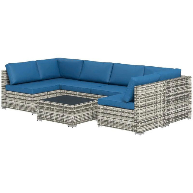 7pc PE Rattan Wicker Sectional Conversation Furniture Set w Cushions Outdoor Patio - Blue & Grey in Patio & Garden Furniture in Manitoba - Image 2