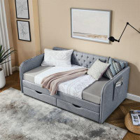 Red Barrel Studio Twin Size Upholstery Daybed With Trundle Bed And Two Storage Drawers , Flat Arms With Pocket, Extendab
