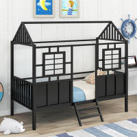 Harper Orchard Twin Size Metal Low Loft House Bed with Roof and Two Front Windows , Black
