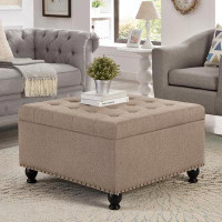 Alcott Hill Square Storage Ottoman: Button Tufted Upholstered Coffee Table with Wooden Legs and Nail Trims