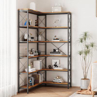 17 Stories Bookcases And Bookshelves Industrial Corner Etagere Bookcase L Shaped Shelf 6 Tiers With Metal Frame For Livi