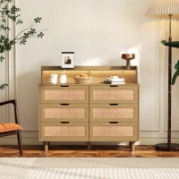 Bay Isle Home™ 43"W 6 Drawers Natural Rattan Storage Cabinet with LED Lights and Power Outlet,for Living Room
