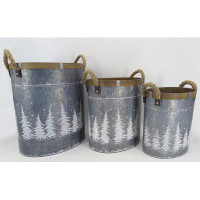 Loon Peak Set Of 3 Rope Handles; Brown Trim And White Tree Patterns Metal Planters