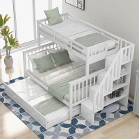Harriet Bee Twin-Over-Full Bunk Bed With Trundle, Storage And Guard Rail For Bedroom, Grey
