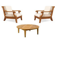 Teak Smith 3 Pc Lounge Chair Set: 2 Lounge Chairs & 46" Round Coffee Table + Sunbrella #57003 White Cushions-33" H x 36"