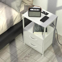 Ebern Designs White Nightstand With 2 Fabric Drawers End Table With Charging Station