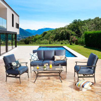 Red Barrel Studio 4 Pcs Patio Conversation Set Outdoor Cushioned Furniture With Loveseat 2 Single Chairs, Coffee Table,